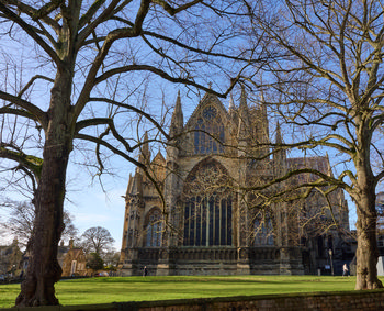 This architectural photograph captures Lincoln Cathedral in Lincoln, England on a bright winter afternoon. The impressive Gothic structure of Lincoln Cathedral dominates the image, its distinctive facade, spires, and large stained glass windows standing out clearly under the crisp blue sky. Leafless trees frame the scene, their bare branches arching around the historic building and emphasizing the winter season in the United Kingdom. The green lawn at the forefront adds a layer of contrast, while subtle sunlight highlights the intricate details of the cathedral’s stonework, making this a striking representation of one of England’s most renowned landmarks.